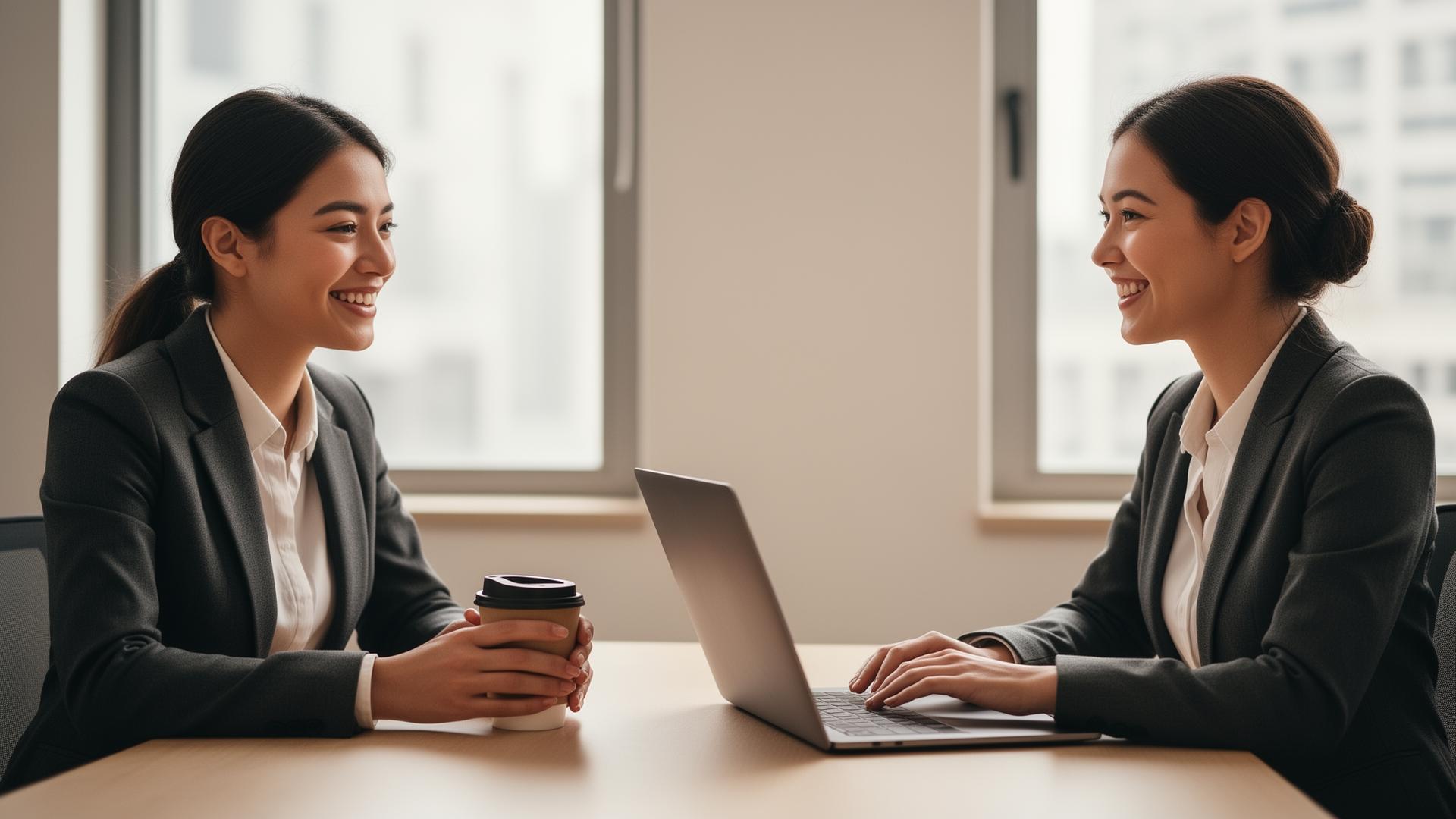 Two women in conversation across a small table with notebooks and coffee