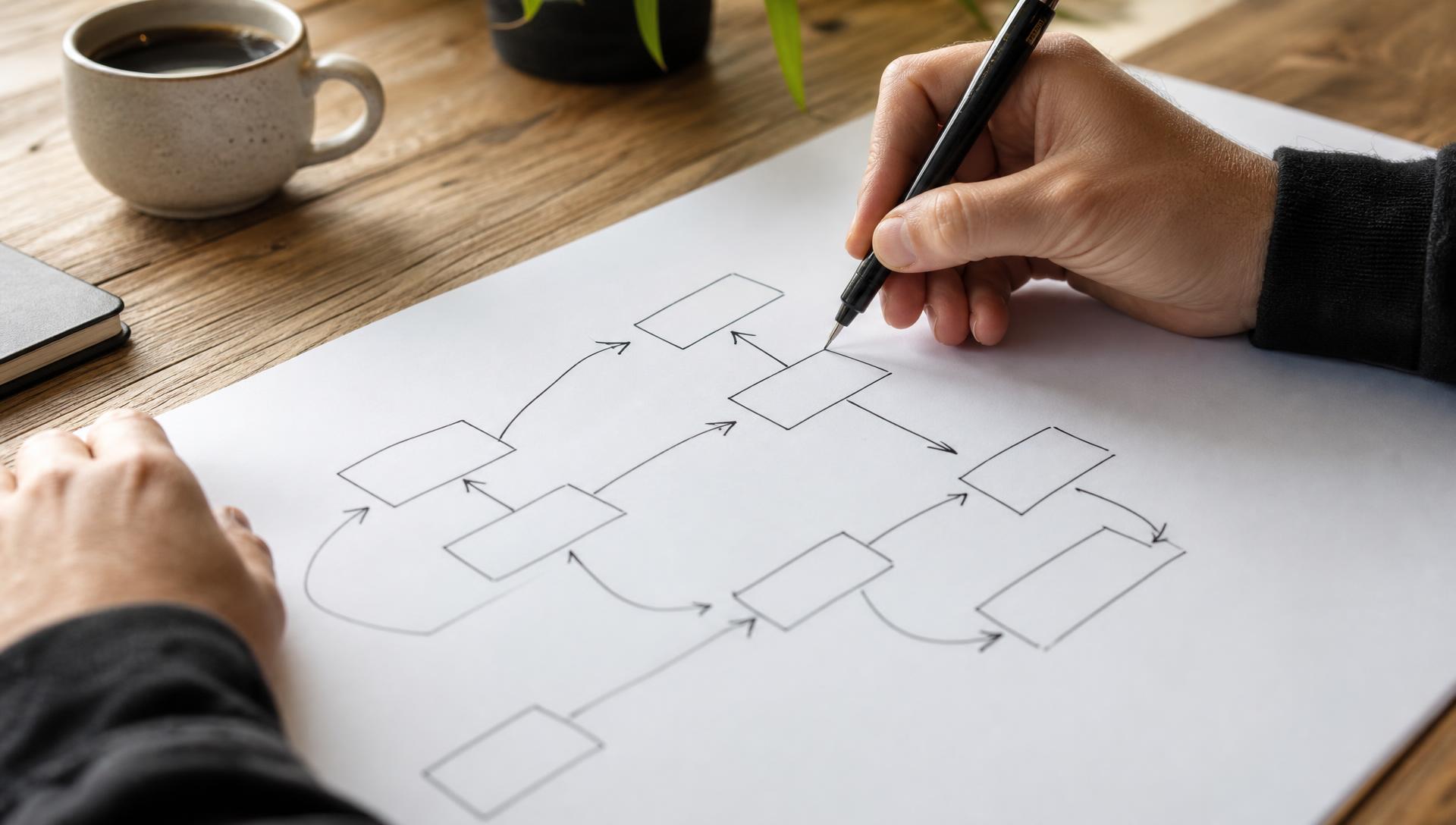 Blueprint with ruler and pencils representing structural methodology