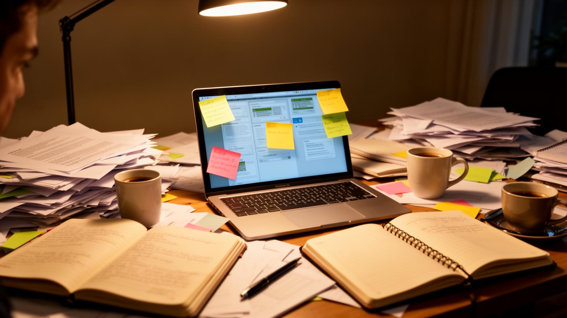Cluttered desk with tangled cables and sticky notes representing operational chaos